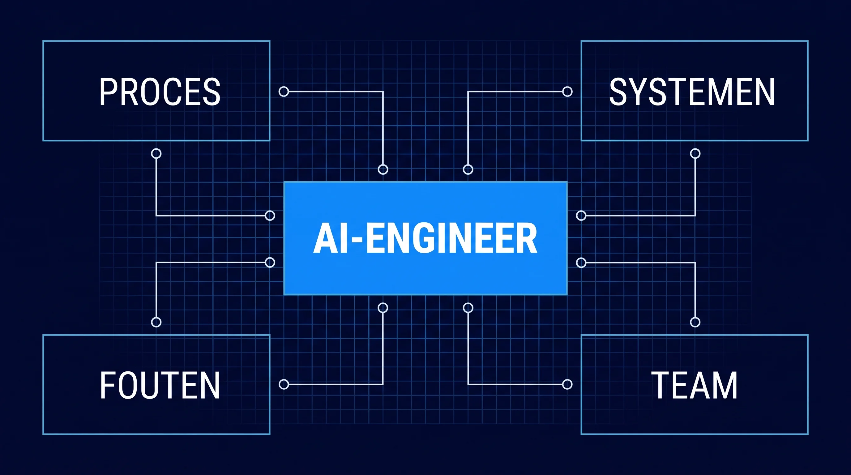 Blauwdruk-schema met vier gelabelde blokken rond een centrale AI-engineer