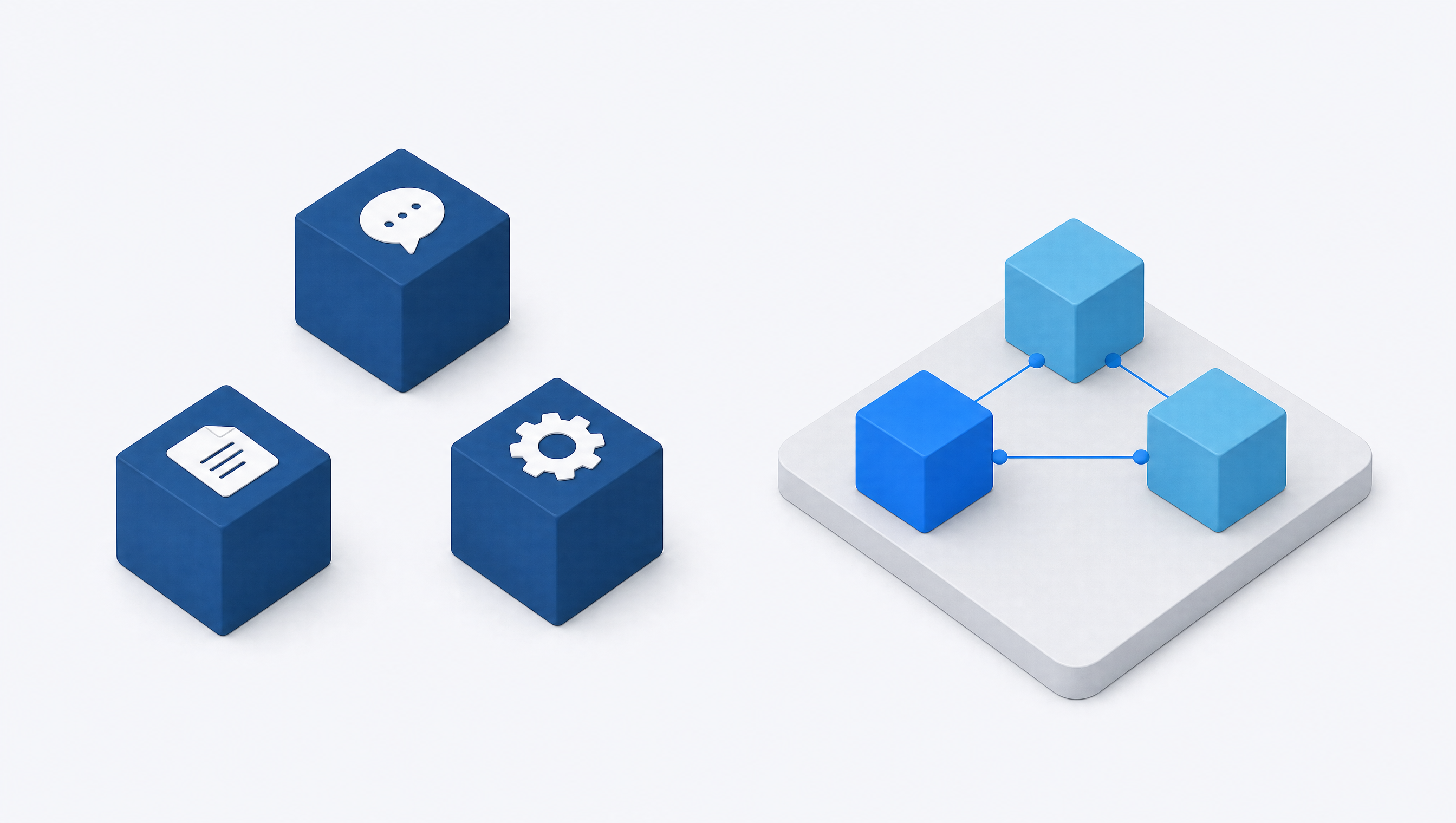 Isometrische illustratie van drie losstaande tool-blokjes zonder verbinding naast één gekoppeld systeem, symbool voor het patroon eerst losse tools, dan pas een roadmap.