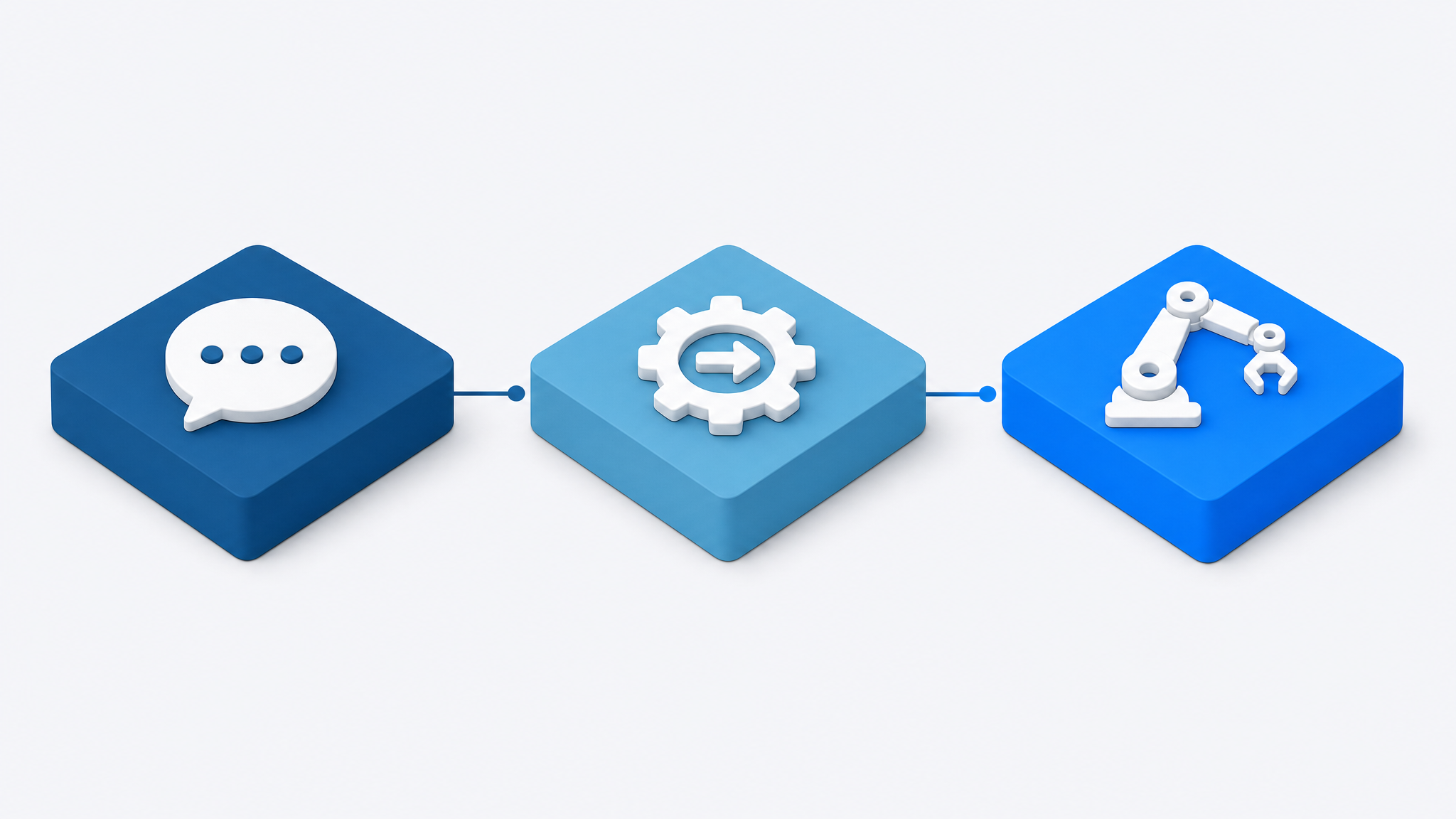 Isometrische illustratie van drie systemen: een chatbot, een geautomatiseerde workflow en een zelfstandige AI-agent.