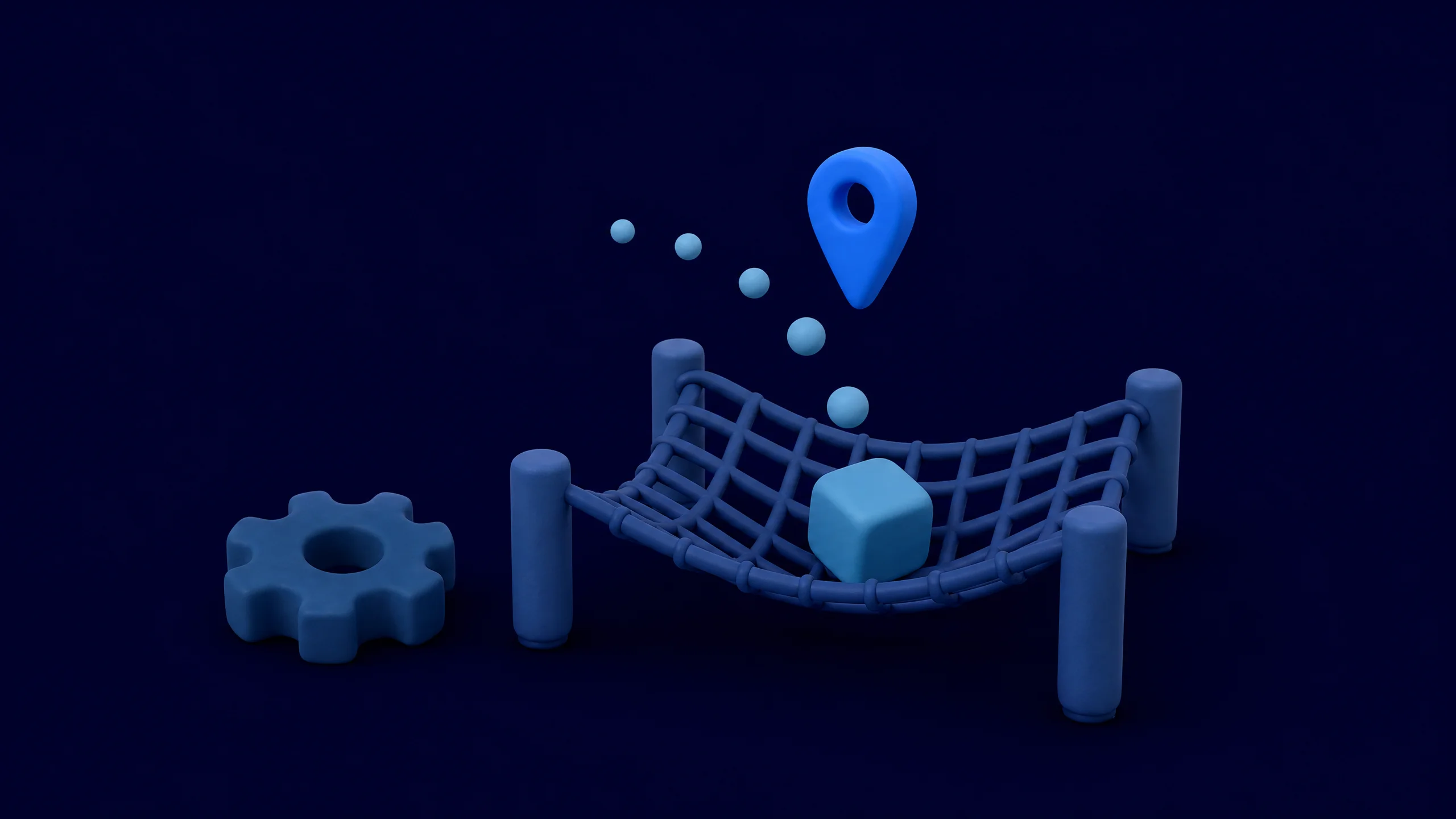 Matte 3D-objecten die een vangnet en een gloeiend controlepunt voorstellen, symbool voor foutafhandeling in productie