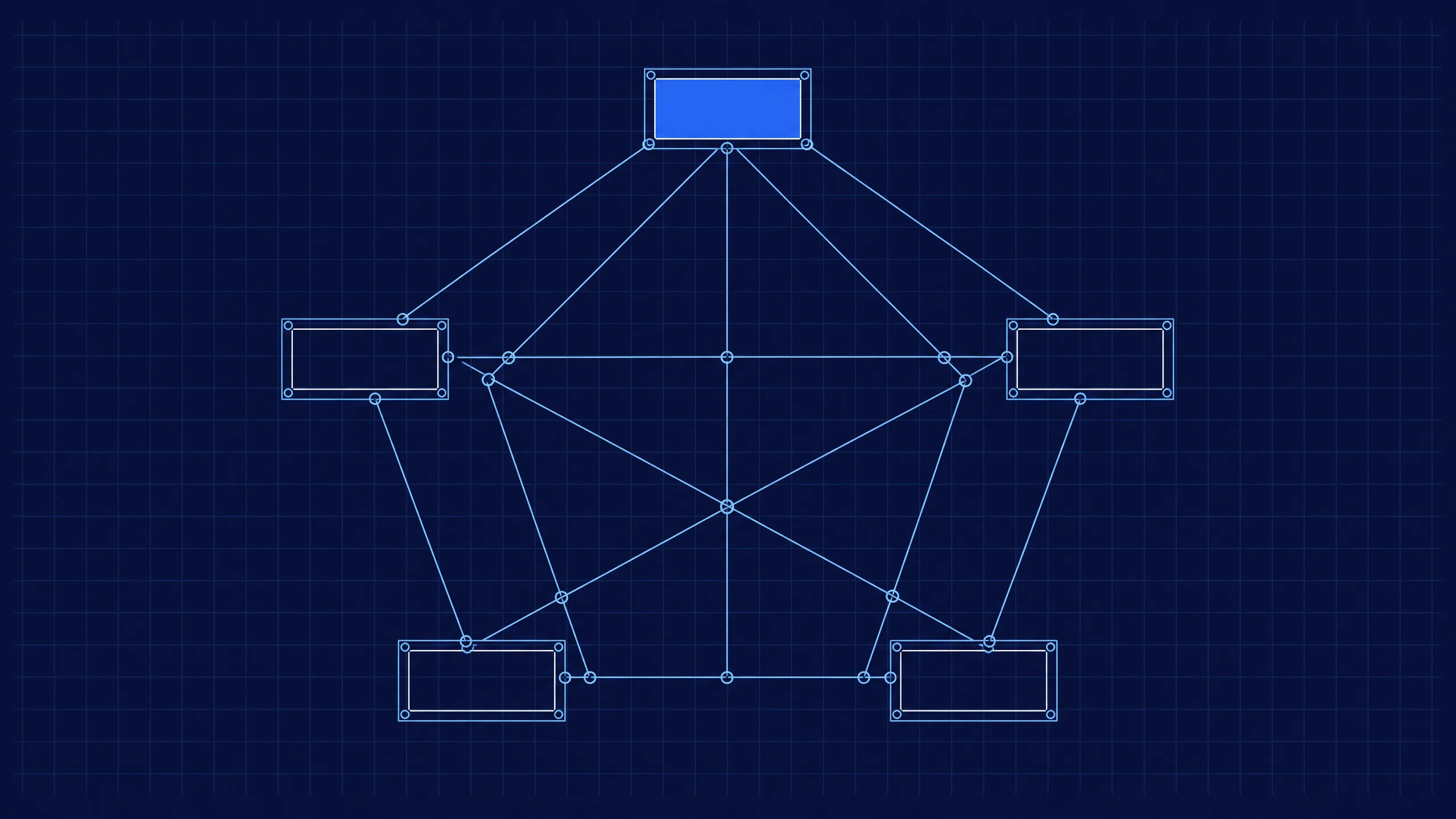 Blauwdruktekening van vijf systemen met een dicht web van losse puntverbindingen ertussen