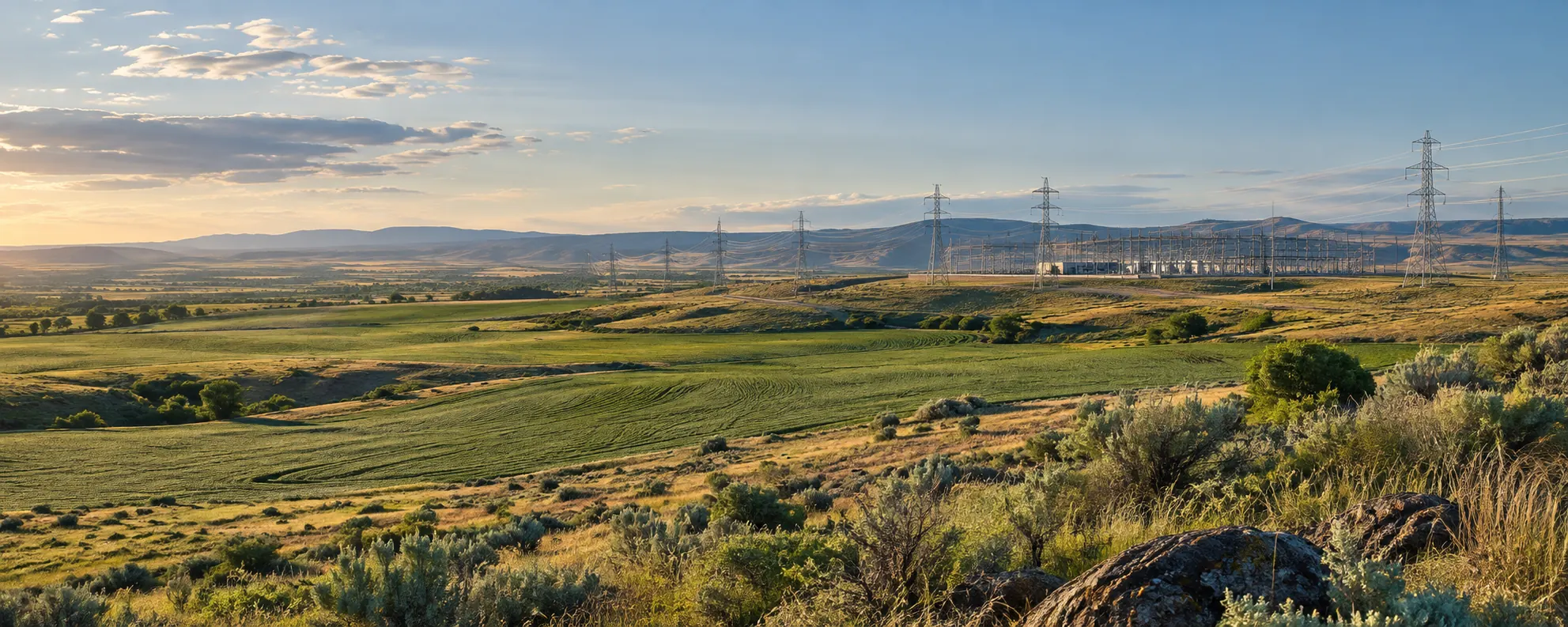 Illustrative landscape showing land, a transmission corridor, and electrical infrastructure