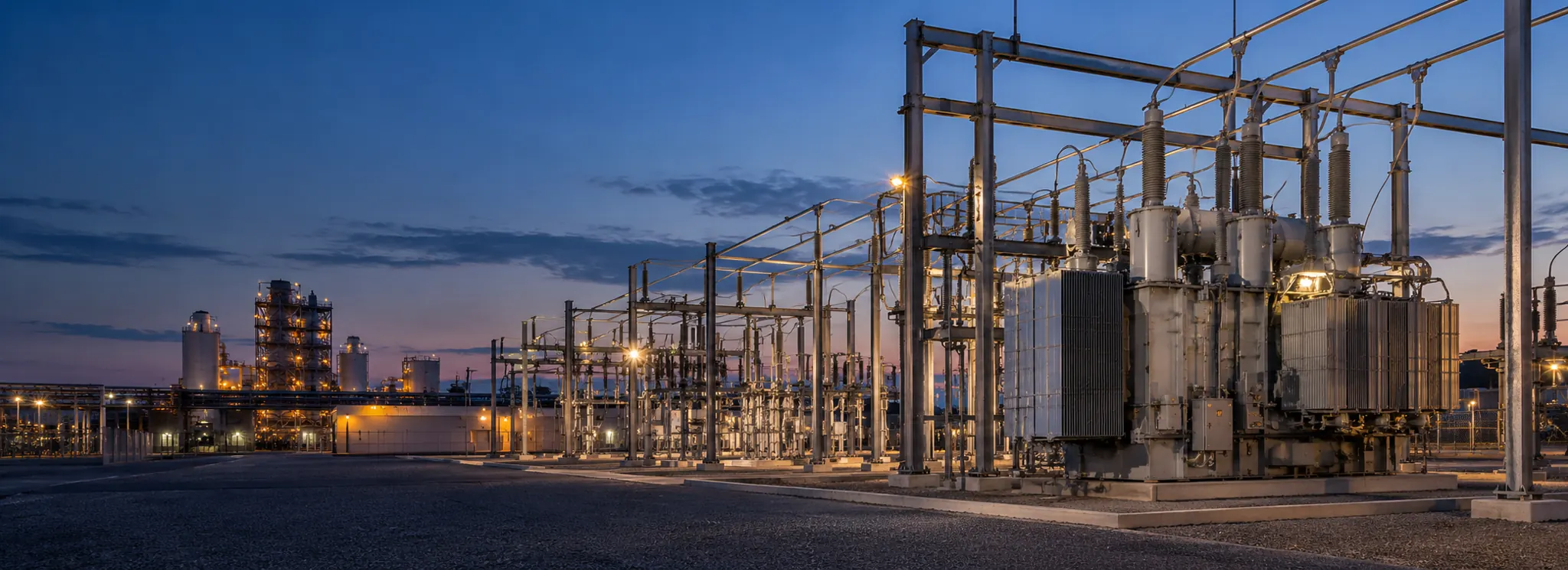 Illustrative substation with transformers and transmission structures at dusk