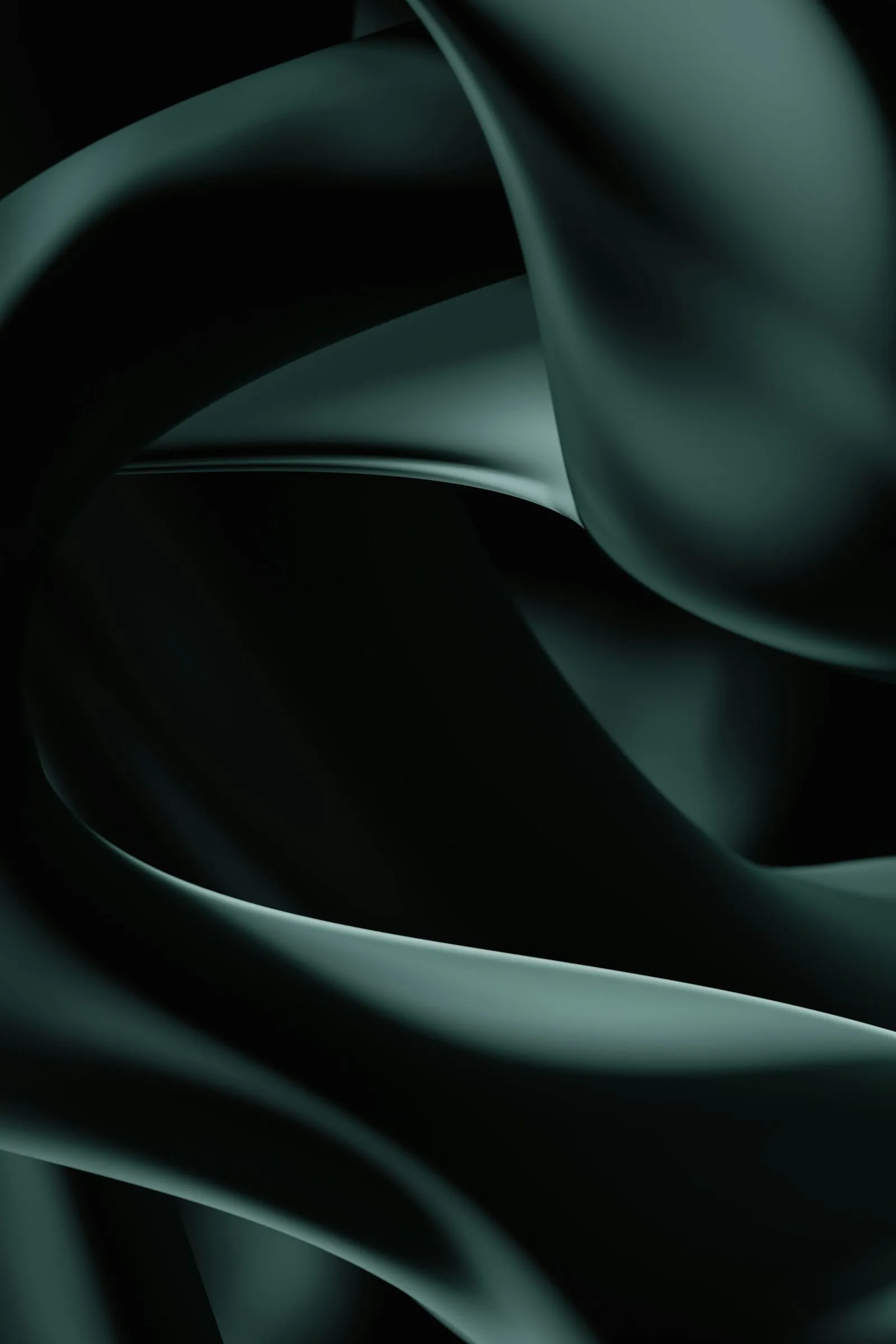 Smooth, flowing dark green abstract shapes with soft shadows on a black background.