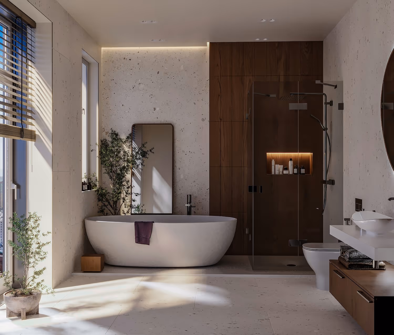Modern bathroom with freestanding tub, glass shower, wooden cabinets, and a large mirror on the wall.