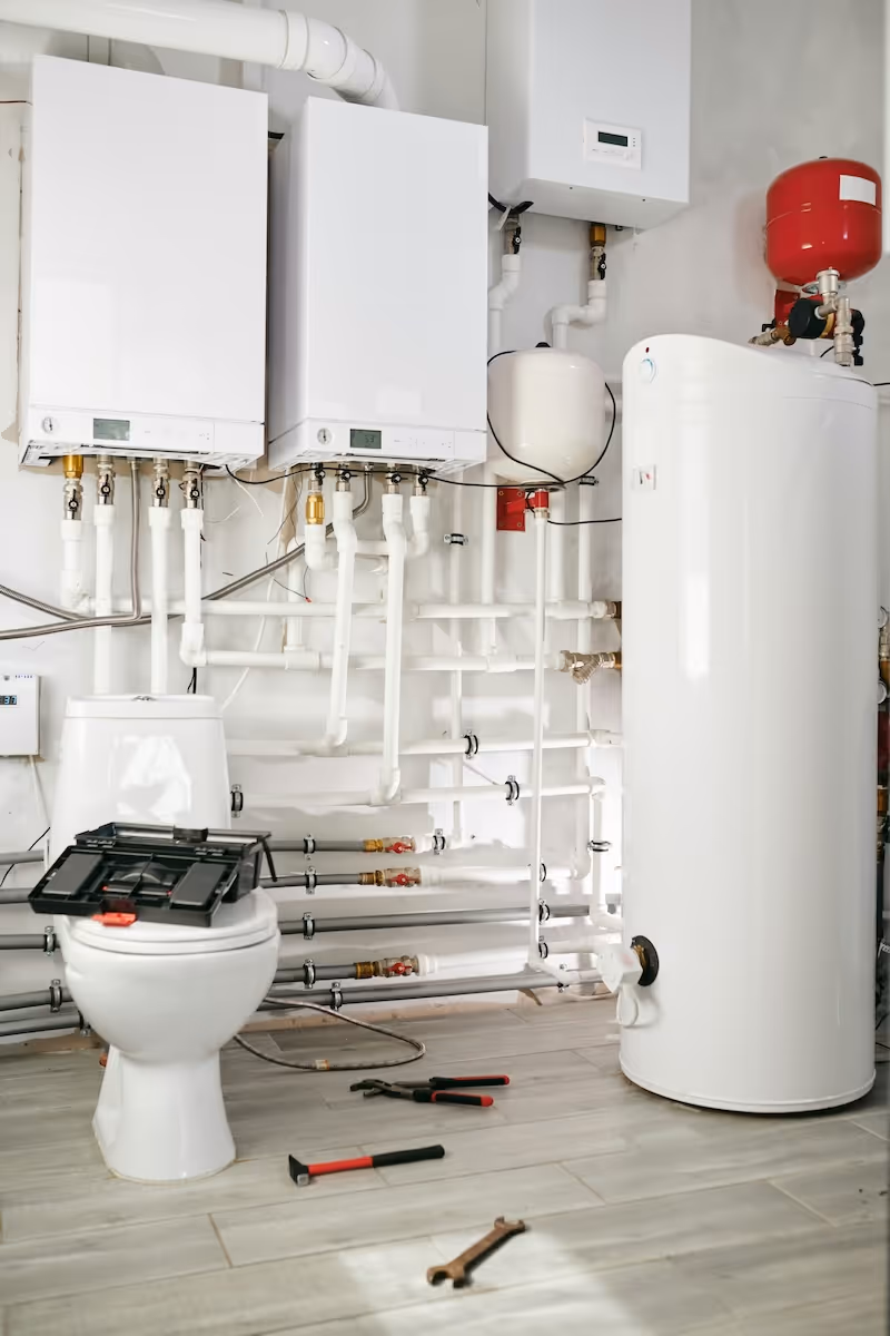 Toilet in utility room with water heaters, plumbing pipes, and tools on the floor.