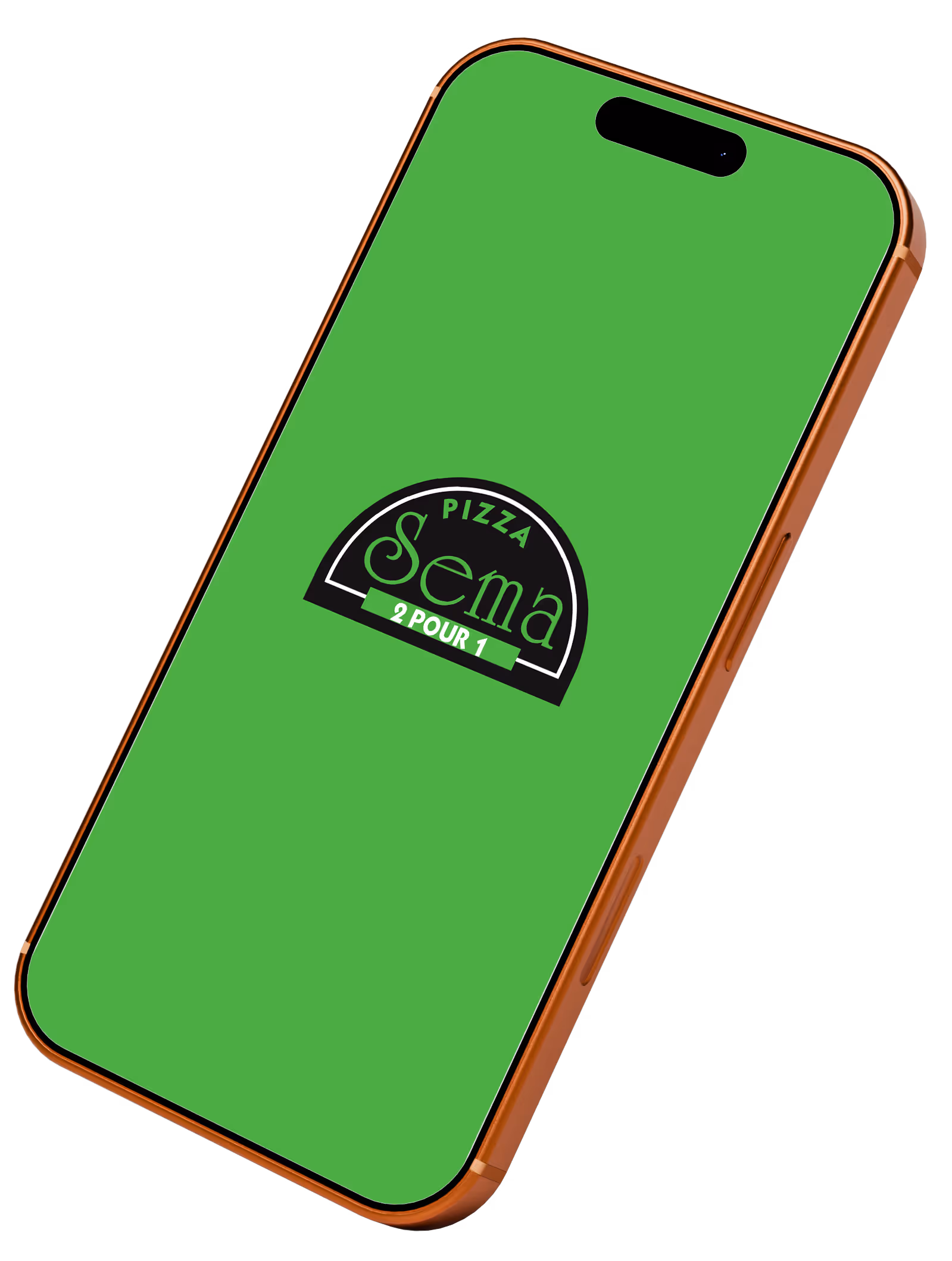 Smartphone with orange frame displaying a green screen with a black logo reading 'Pizza Sema 2 Pour 1'.