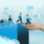 Illustration of professionals crossing a gap with a supporting hand, representing trust and decision-making in changing business conditions.