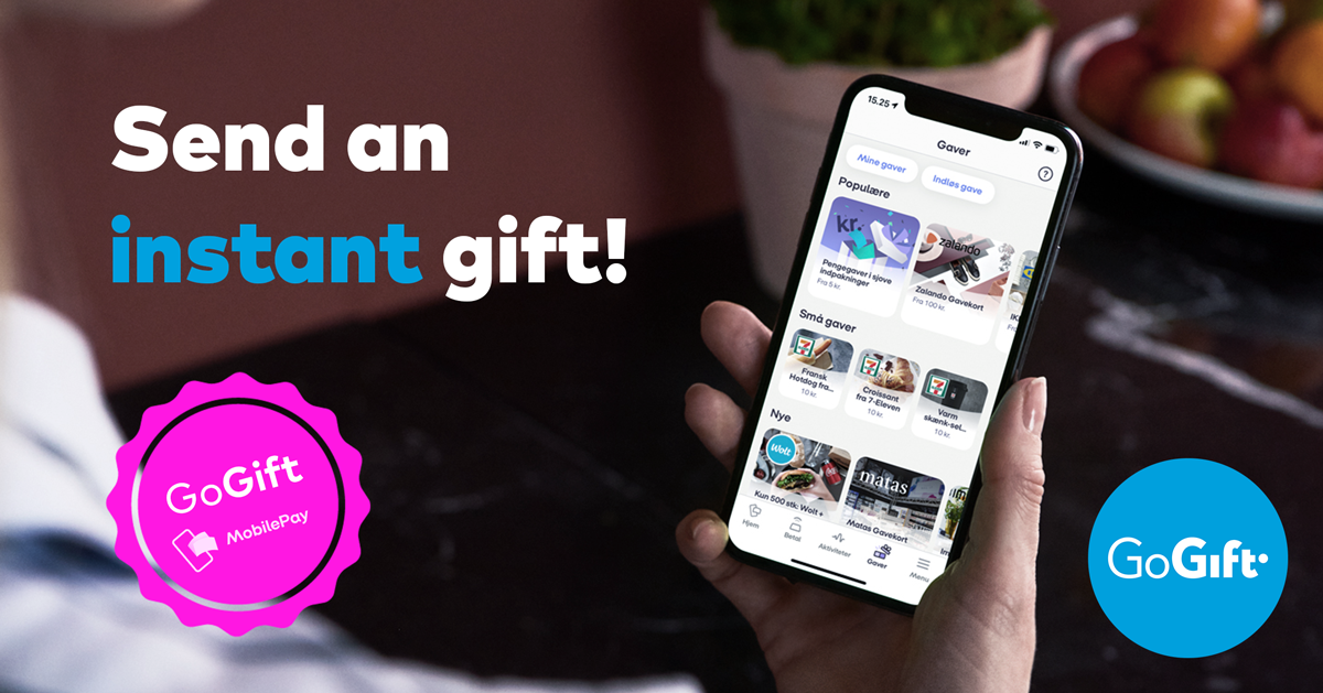 Blog banner reading "Send an instant gift!" showing a phone displaying the GoGift app with a MobilePay badge
