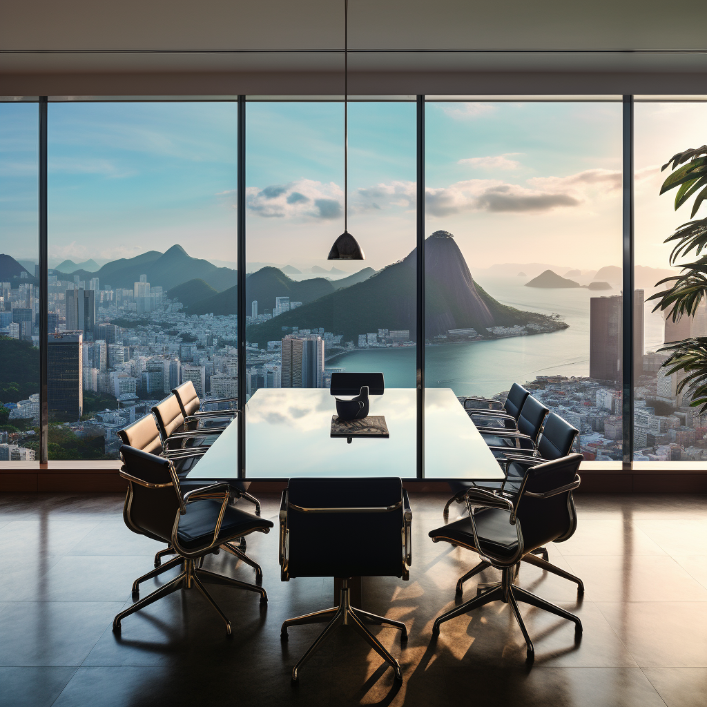 Modern conference room overlooking Rio de Janeiro's skyline and mountains
