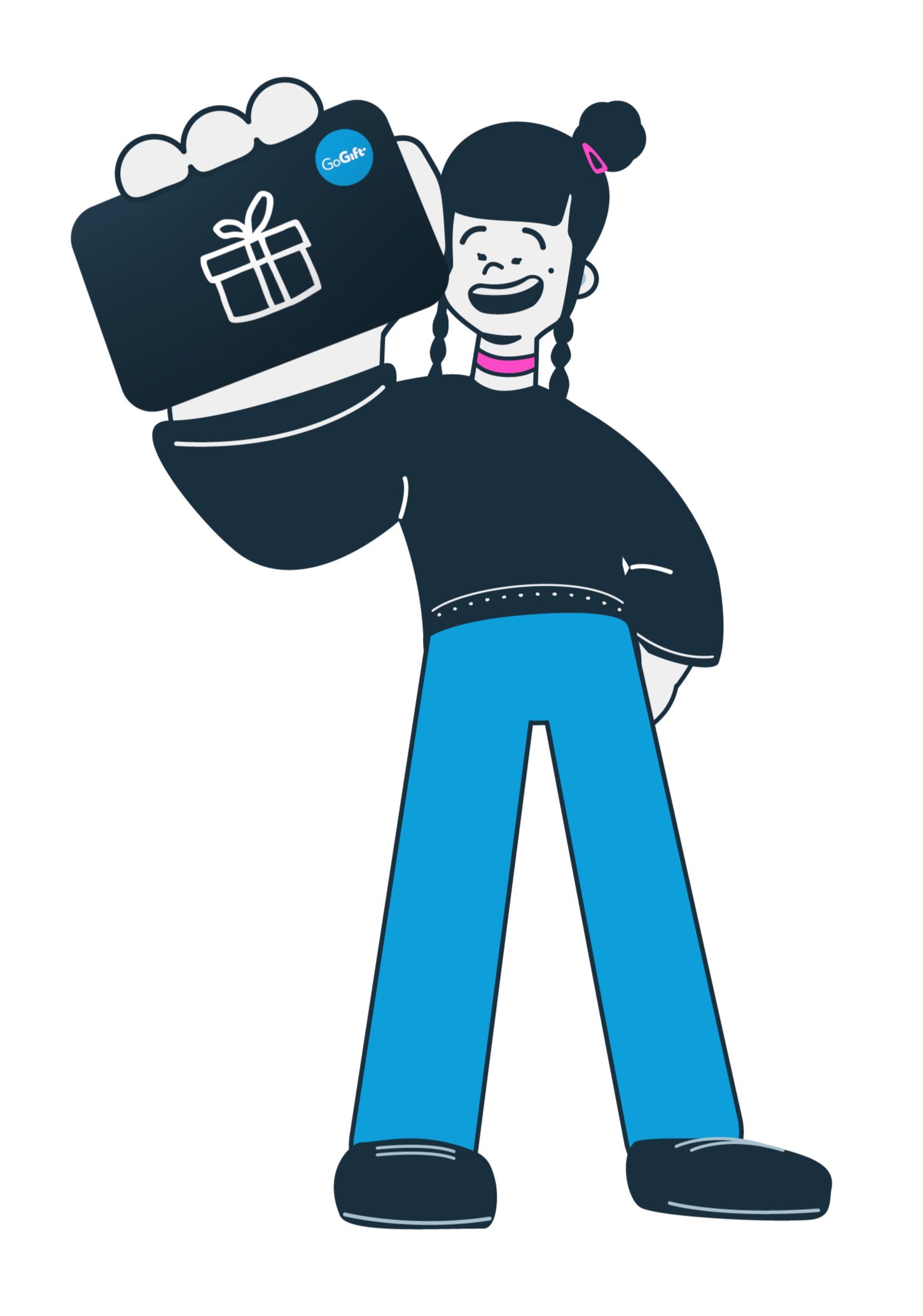 An illustration of a woman in GoGift's brand colors holding a gift card with a gift motive inside and the GoGift logo