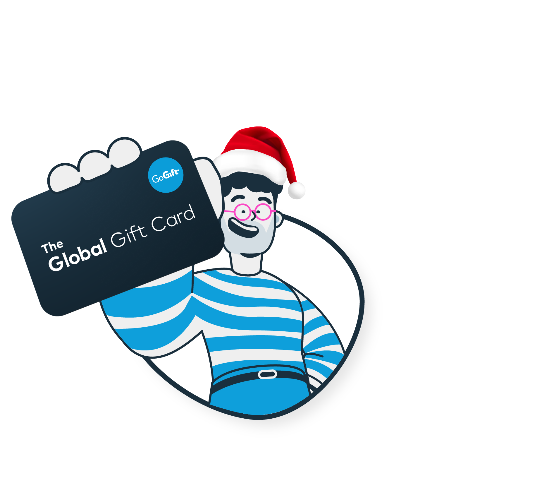 A happy employee holding The Global Gift Card