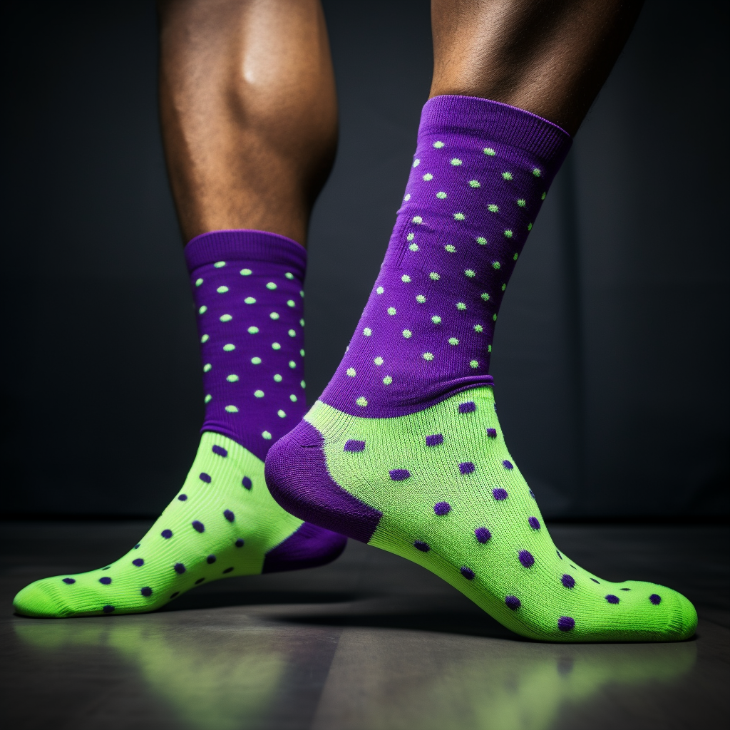 neon green socks with little purple polka dots