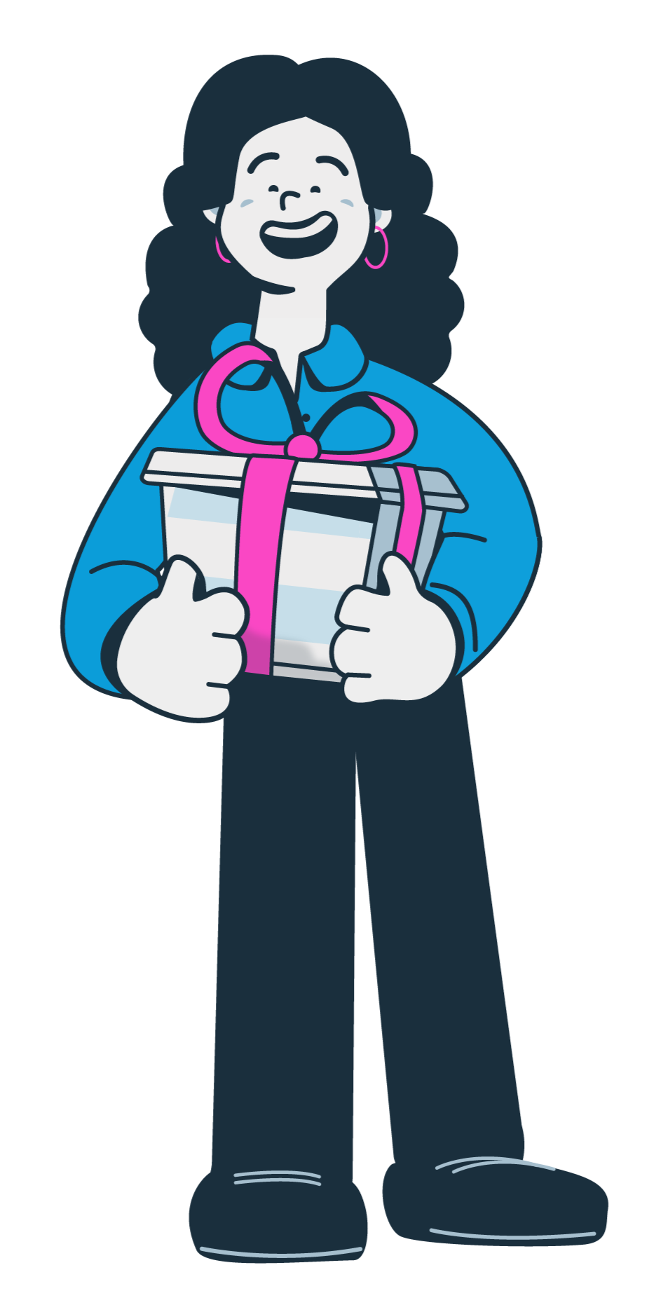 An illustration of a woman holding a gift in the GoGift color blue and pink
