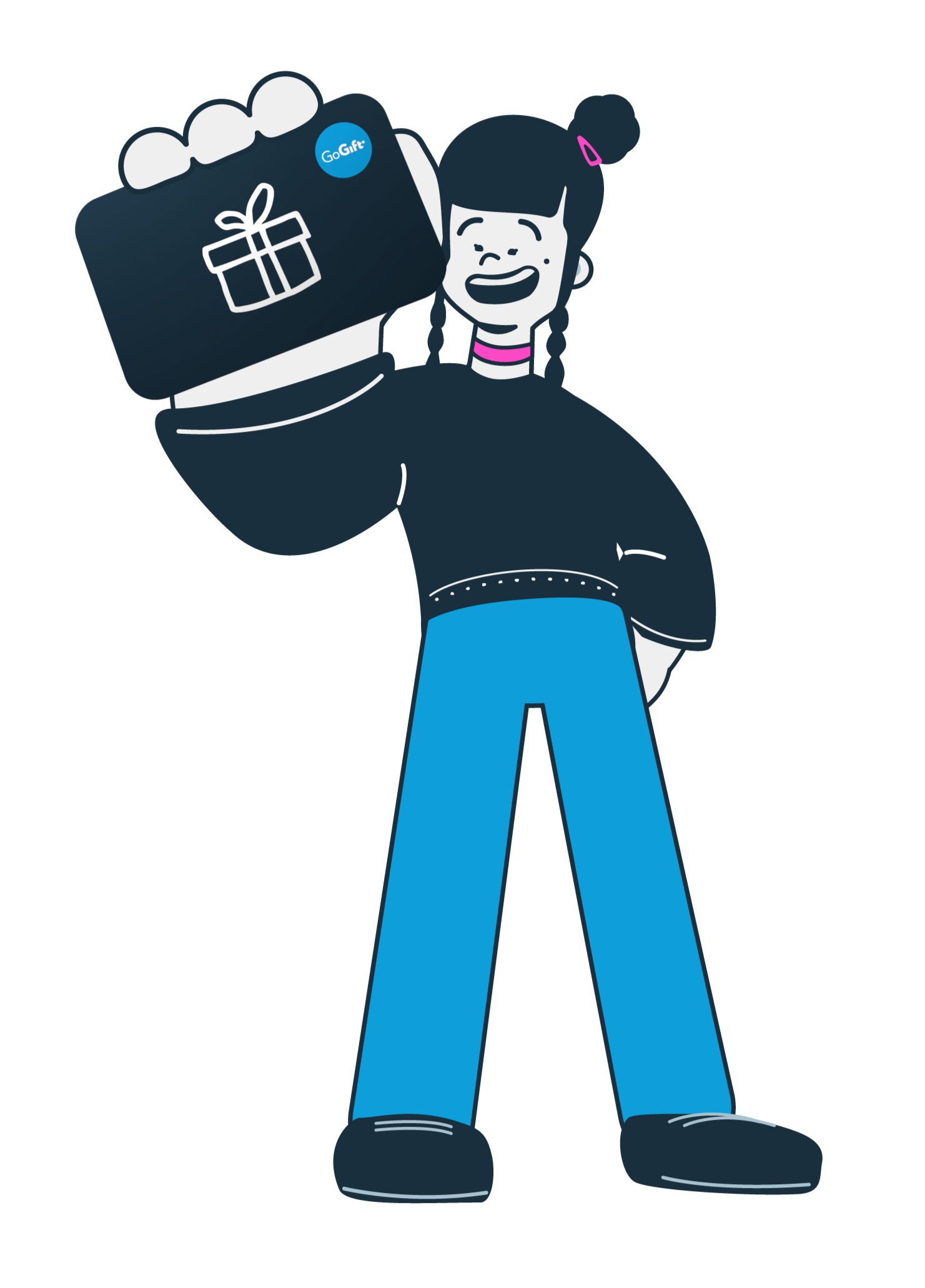 An illustration of a woman holding a gift card