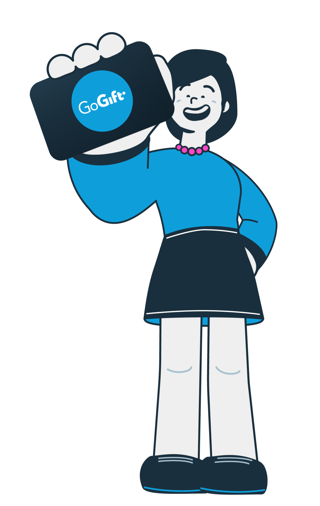 An illustration of a woman showing a gift card from GoGift with her hand