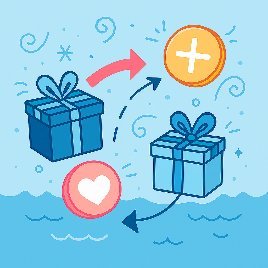 Two blue gift boxes with ribbons, surrounded by a heart symbol, plus sign, and arrows on a light blue background with swirls and waves.