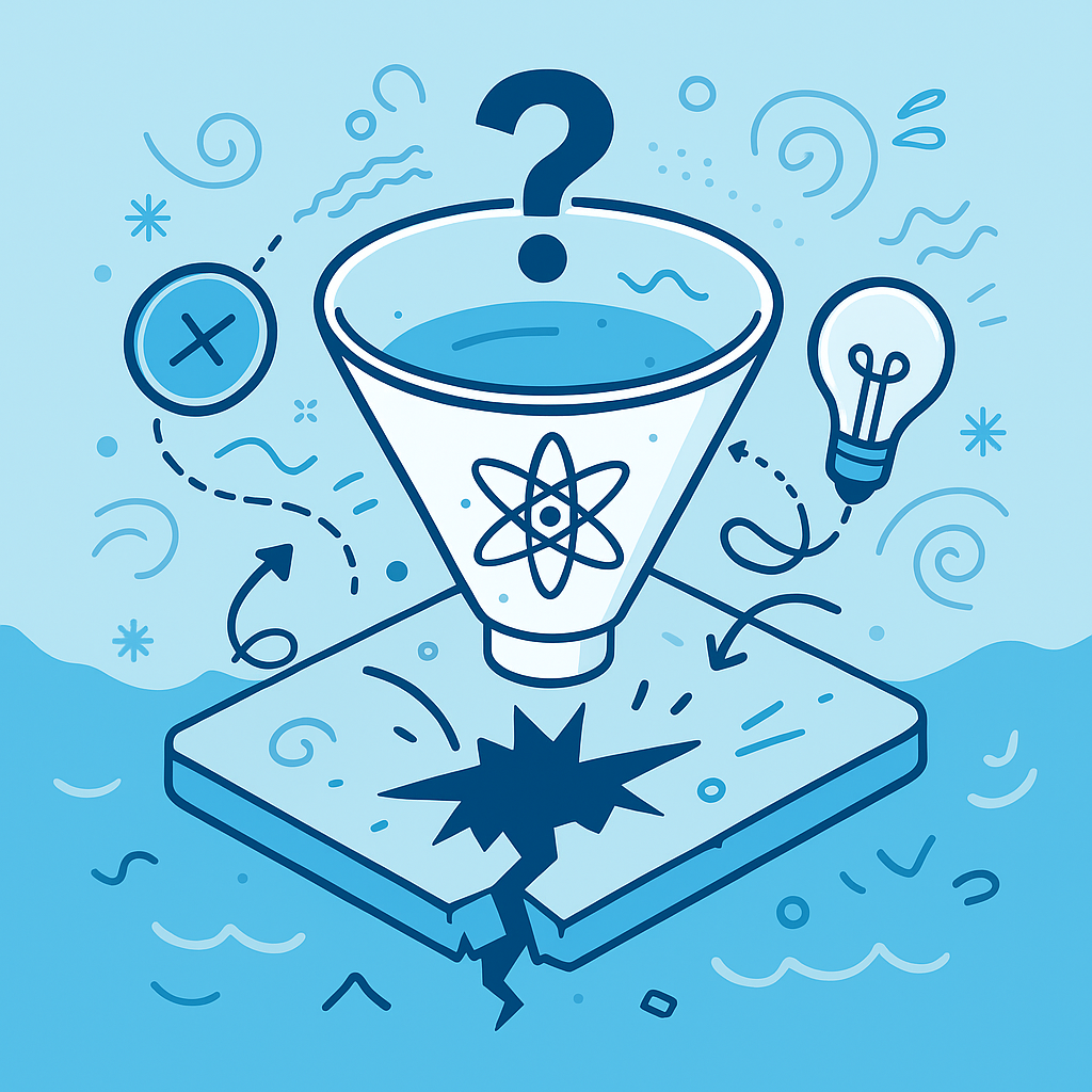 A funnel with an atom symbol, a question mark, and a light bulb in a blue background with swirling lines and a cracked surface.