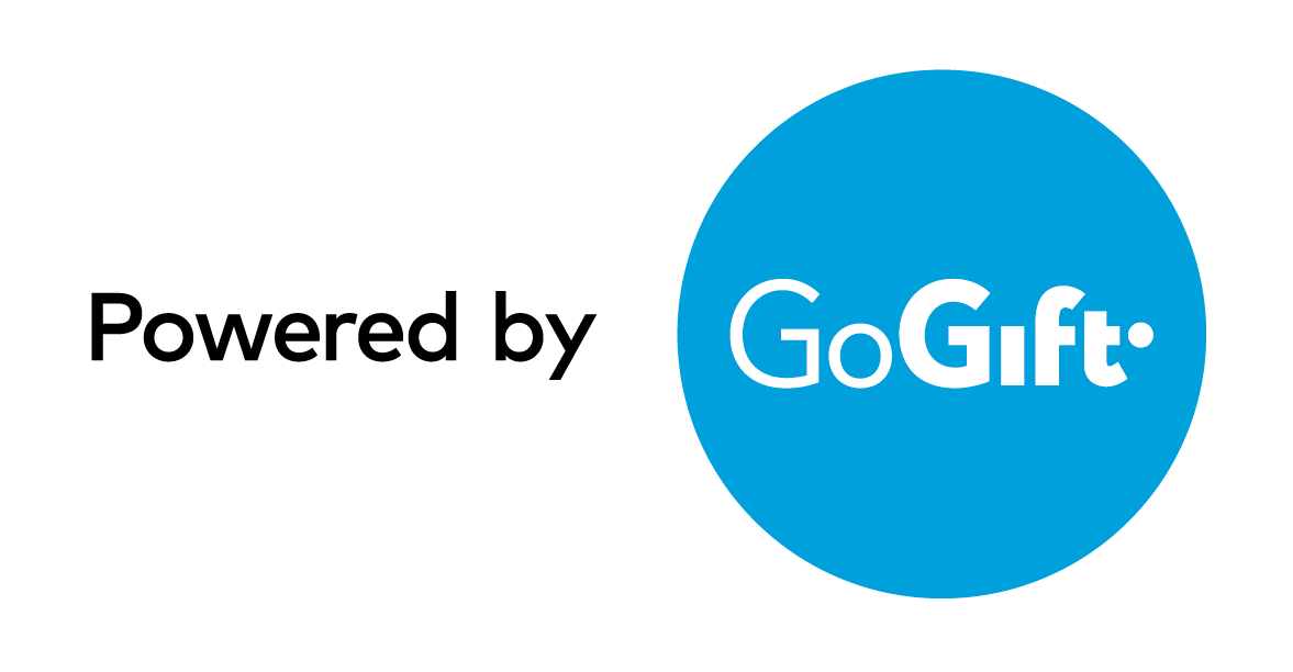Text "Powered by" beside a blue circle containing "GoGift" in white. Minimalist design with a modern, clean look.