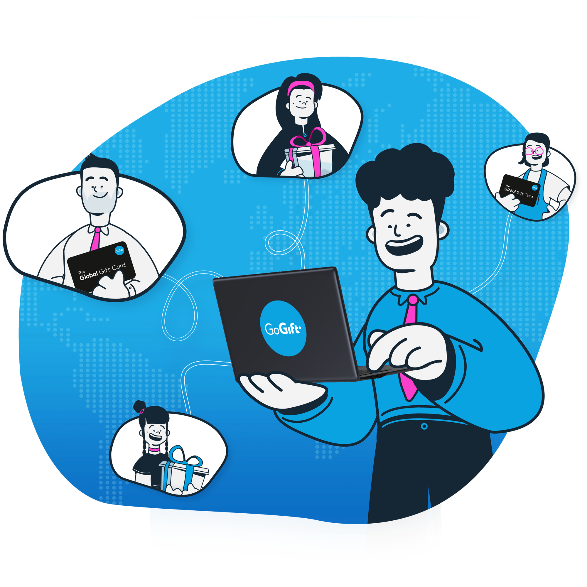 Man with laptop labeled "GoGift" connects to people holding gift cards and presents, set against a blue background with a world map.