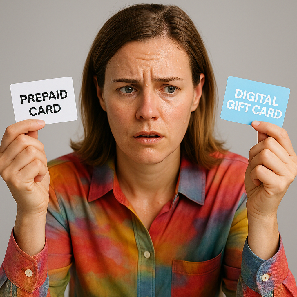 Woman in a colorful shirt looks confused, holding "PREPAID CARD" and "DIGITAL GIFT CARD." Gray background.