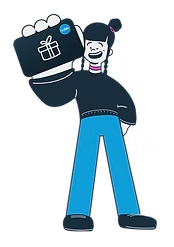 Cartoon illustration of a girl carrying a large gift card decorated with a gift icon