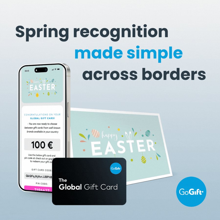 Smartphone displaying a digital Easter gift card alongside a Global Gift Card and greeting card