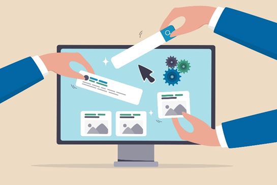 Hands customizing a website interface on a computer screen