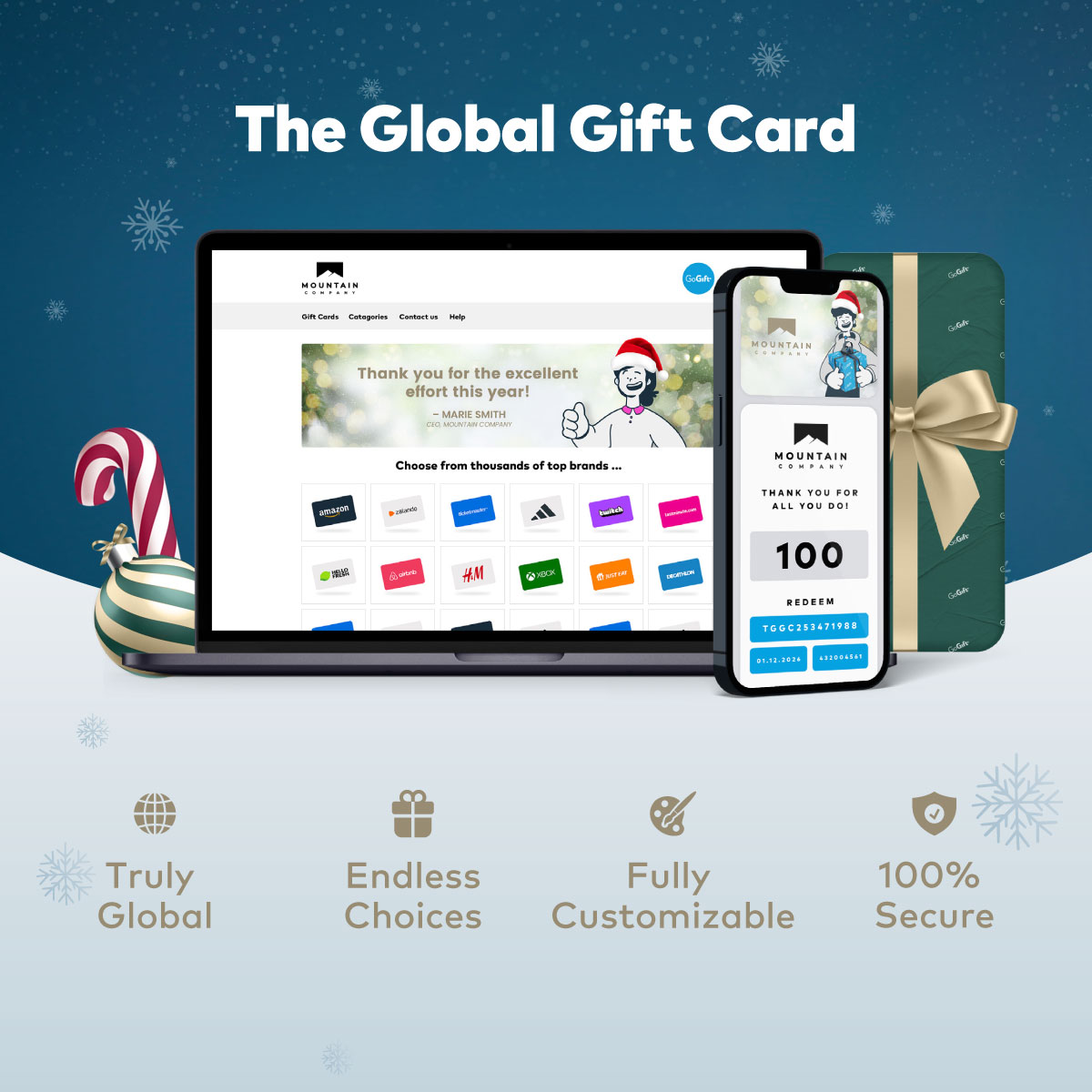 Christmas-themed visual of The Global Gift Card showing a laptop, brands, smartphone with festive decorations
