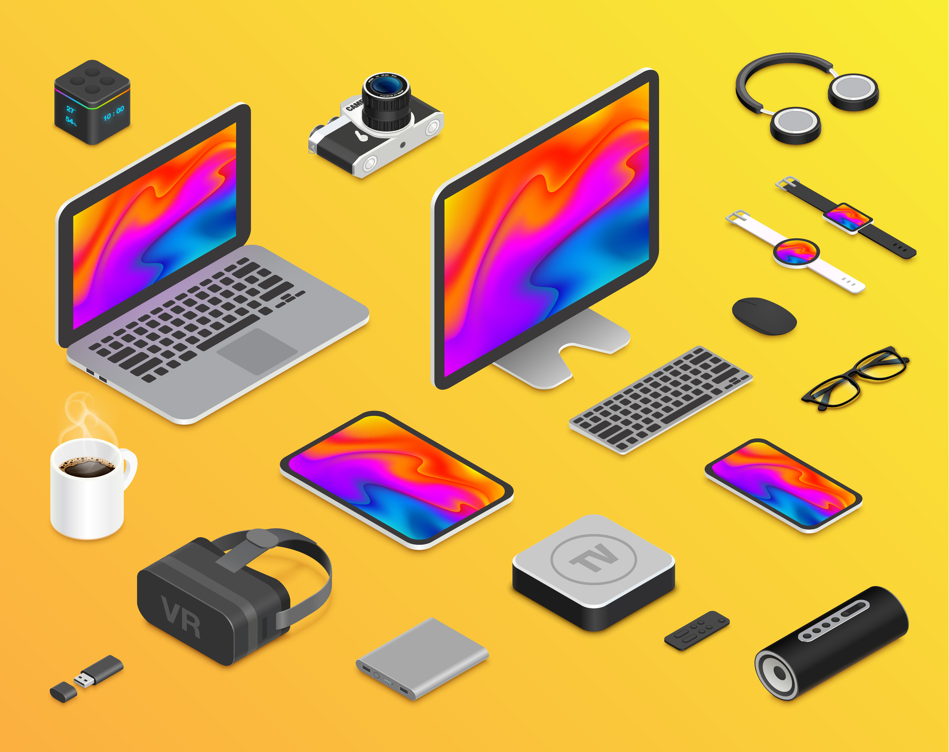 Isometric view of colorful digital devices and gadgets on a yellow background.