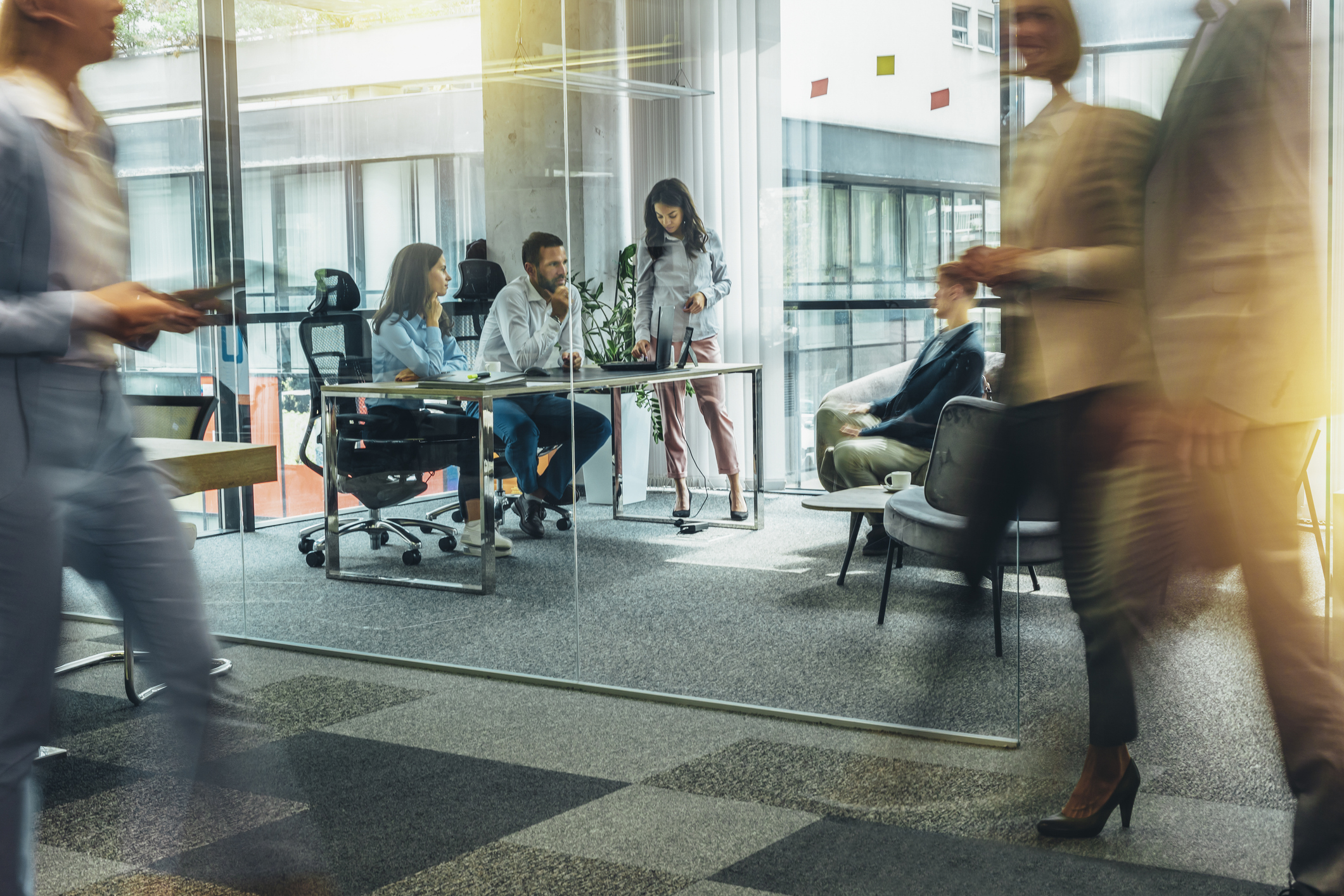 A team in a busy office