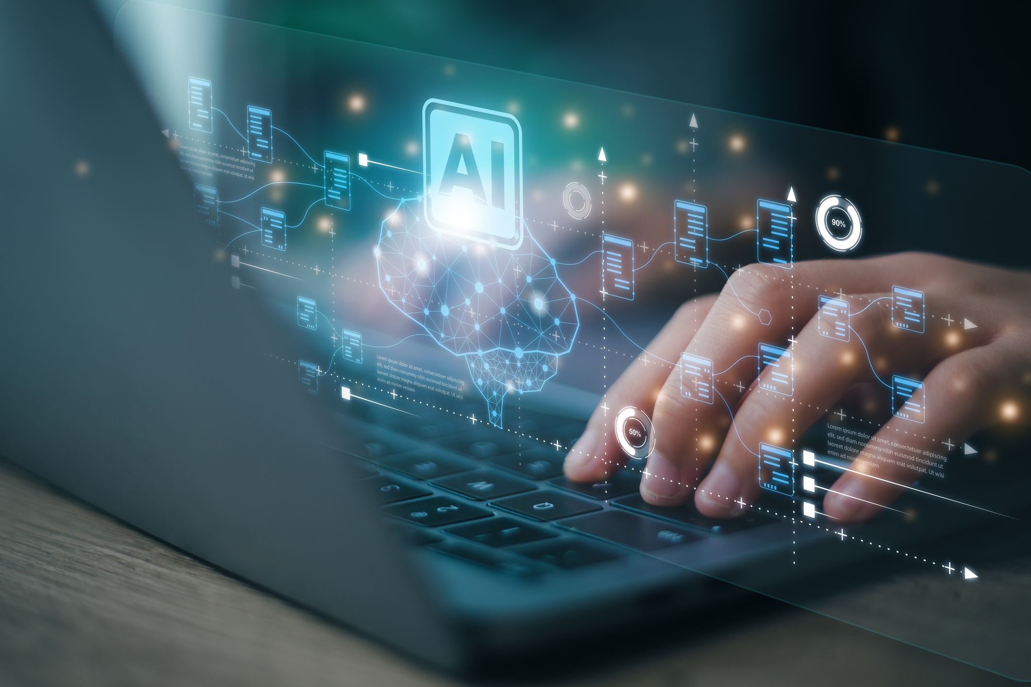 Hands typing on a laptop with futuristic AI-related graphics overlay.