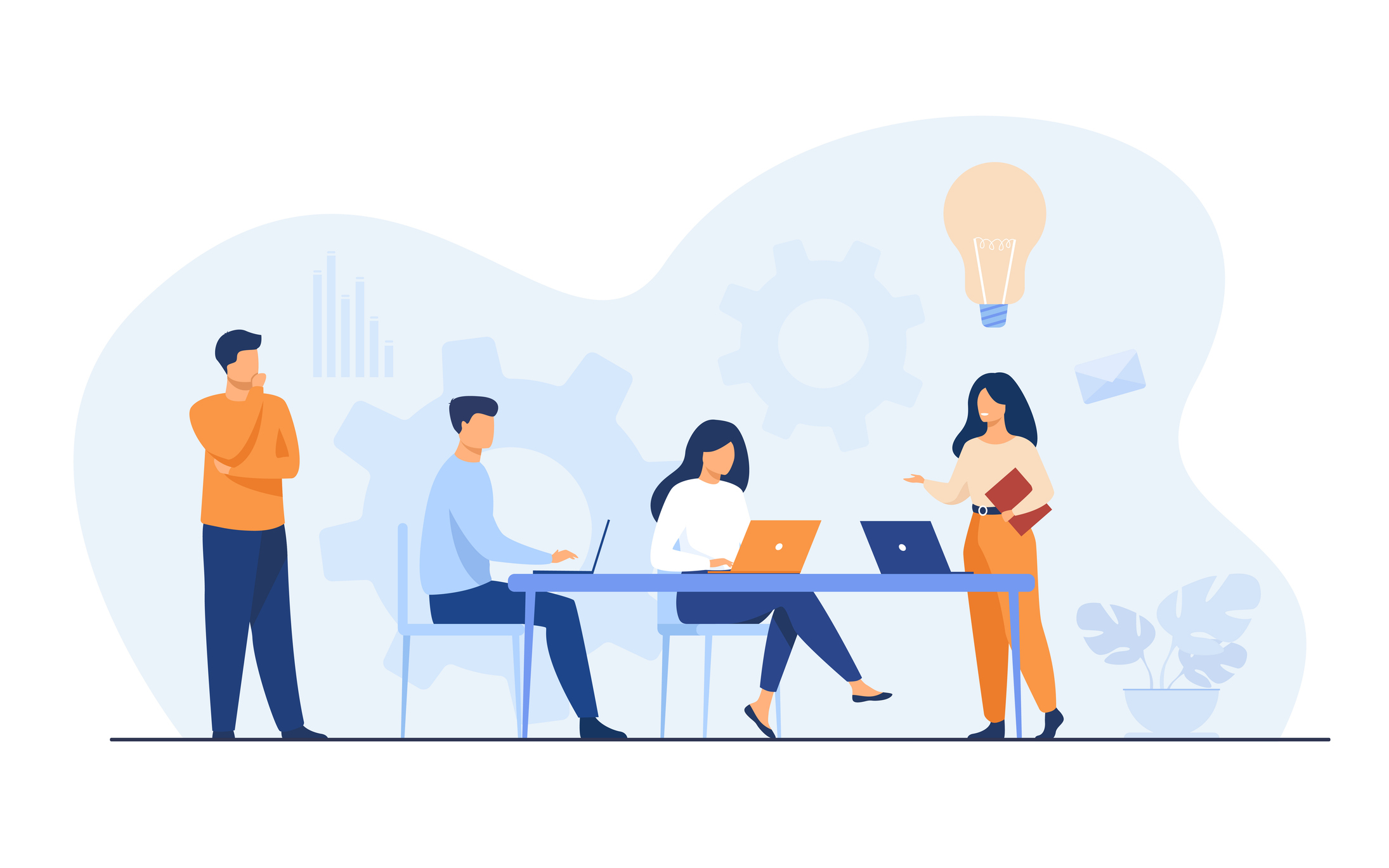 Graphic of diverse office team collaborating around a table with digital devices.