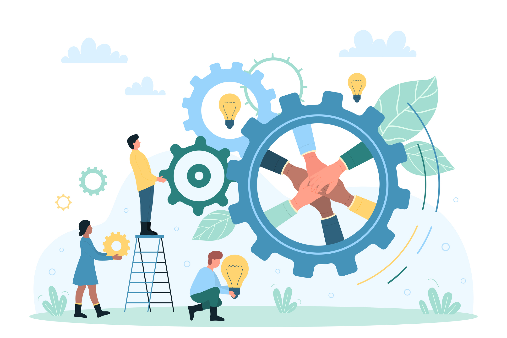 An illustration of a team celebrating and one of the people in the team on top of a magnifying glass