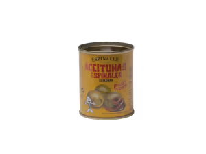 Can of Espinaler Selectas Especiales olives with a yellow label and olive illustrations.