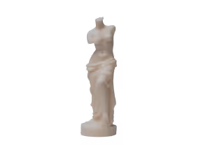Classical marble statue of a headless female figure in a draped garment against a black background.