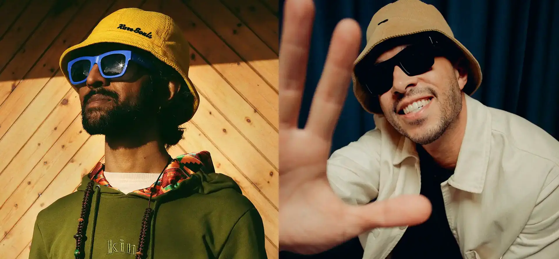 Aroop and Melvo wearing bucket hats and sunglasses; Aroop stands against a wooden wall in green hoodie, Melvo squats smiling with hand extended in a white jacket.