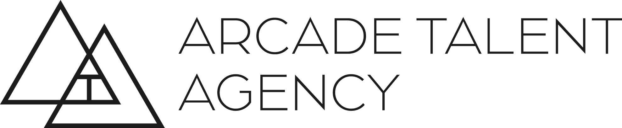 Logo for Arcade Talent Agency with stylised overlapping triangles and text in capital letters.