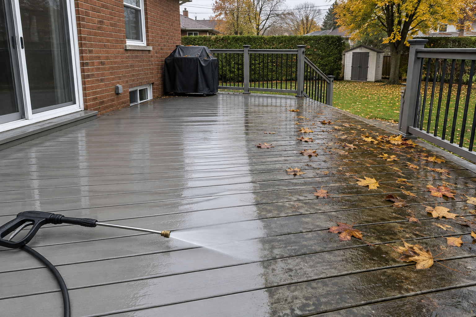 Terrasse en composite grise derrière une maison de brique de la Rive-Sud, à moitié lavée au jet plat large, feuilles d'érable en automne