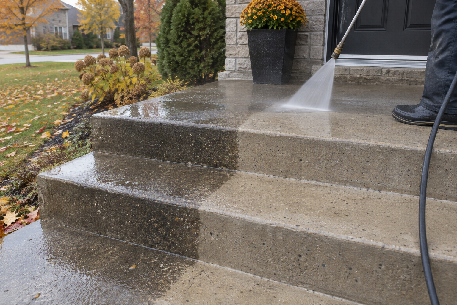 Escalier extérieur en béton d'une maison québécoise rincé à basse pression, bande propre contrastant avec le béton taché