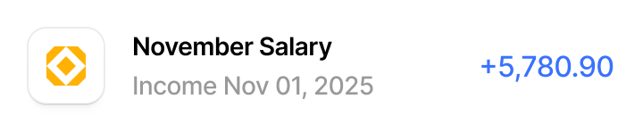 Transaction record showing November Salary income of 5,780.90 dated November 1, 2025.
