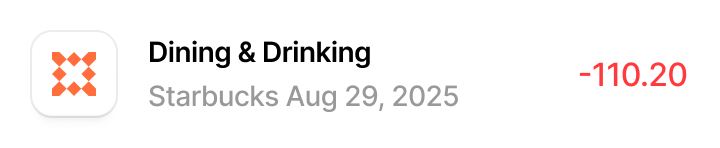 Transaction record showing Dining & Drinking expense of $110.20 at Starbucks on August 29, 2025, with amount in red.
