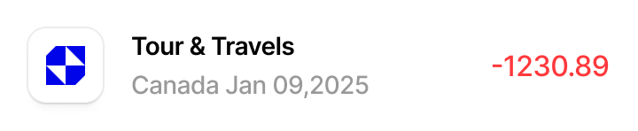 Tour & Travels transaction for Canada on Jan 09, 2025 with an amount of negative 1230.89 in red.