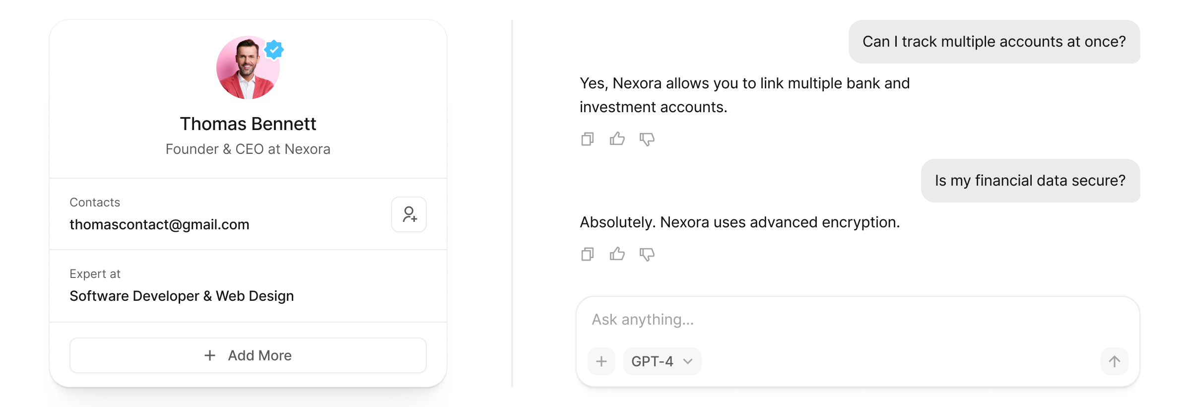 User profile card of Thomas Bennett, Founder & CEO at Nexora, showing contact email and expertise. Adjacent chat interface with questions about account tracking and data security answered by Nexora's capabilities.