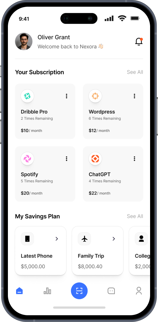 Mobile app screen showing user Oliver Grant's subscriptions with remaining uses and monthly prices, plus savings plans for latest phone, family trip, and college.