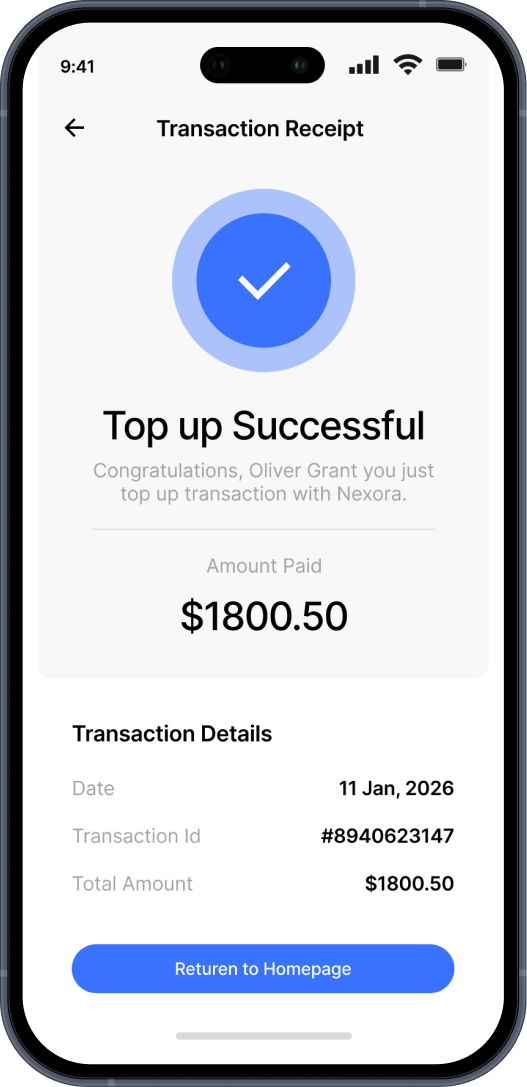 Mobile screen showing a successful top-up transaction receipt for $1800.50 with date 11 Jan 2026 and transaction ID #8940623147, including a blue checkmark and a button labeled Return to Homepage.