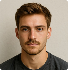Close-up portrait of a young man with light brown hair and a short beard wearing a dark shirt.
