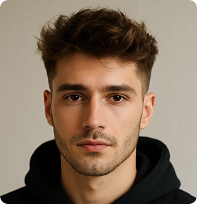 Portrait of a young man with short brown hair and a trimmed beard wearing a black hoodie against a plain background.