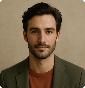 Portrait of a man with dark hair and beard wearing a green blazer and rust-colored shirt against a beige background.