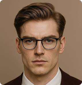 Portrait of a young man with brown hair and glasses against a beige background.